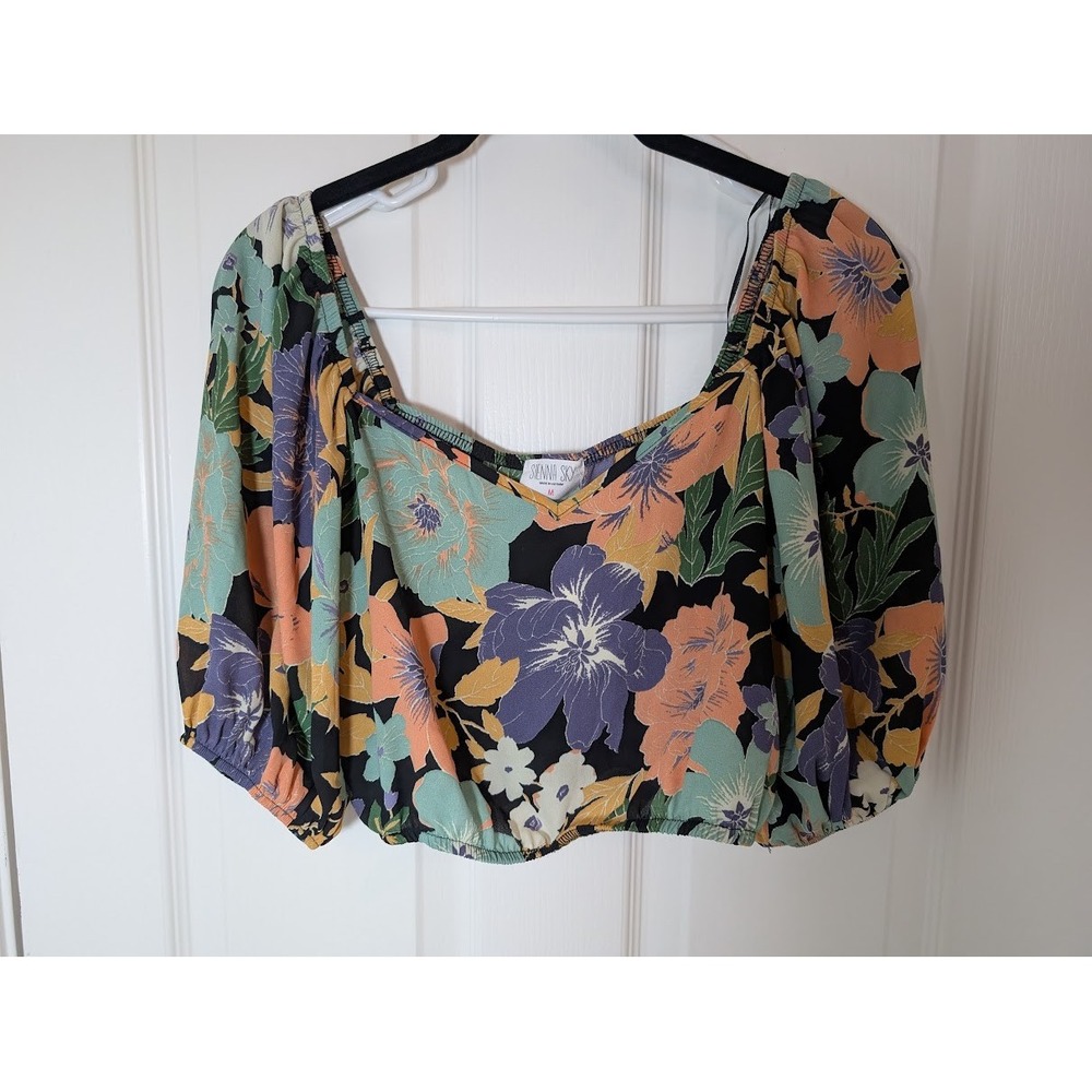 Sienna Sky Floral Crop Top Square Neck Blouse Puff Sleeve Summer Medium New